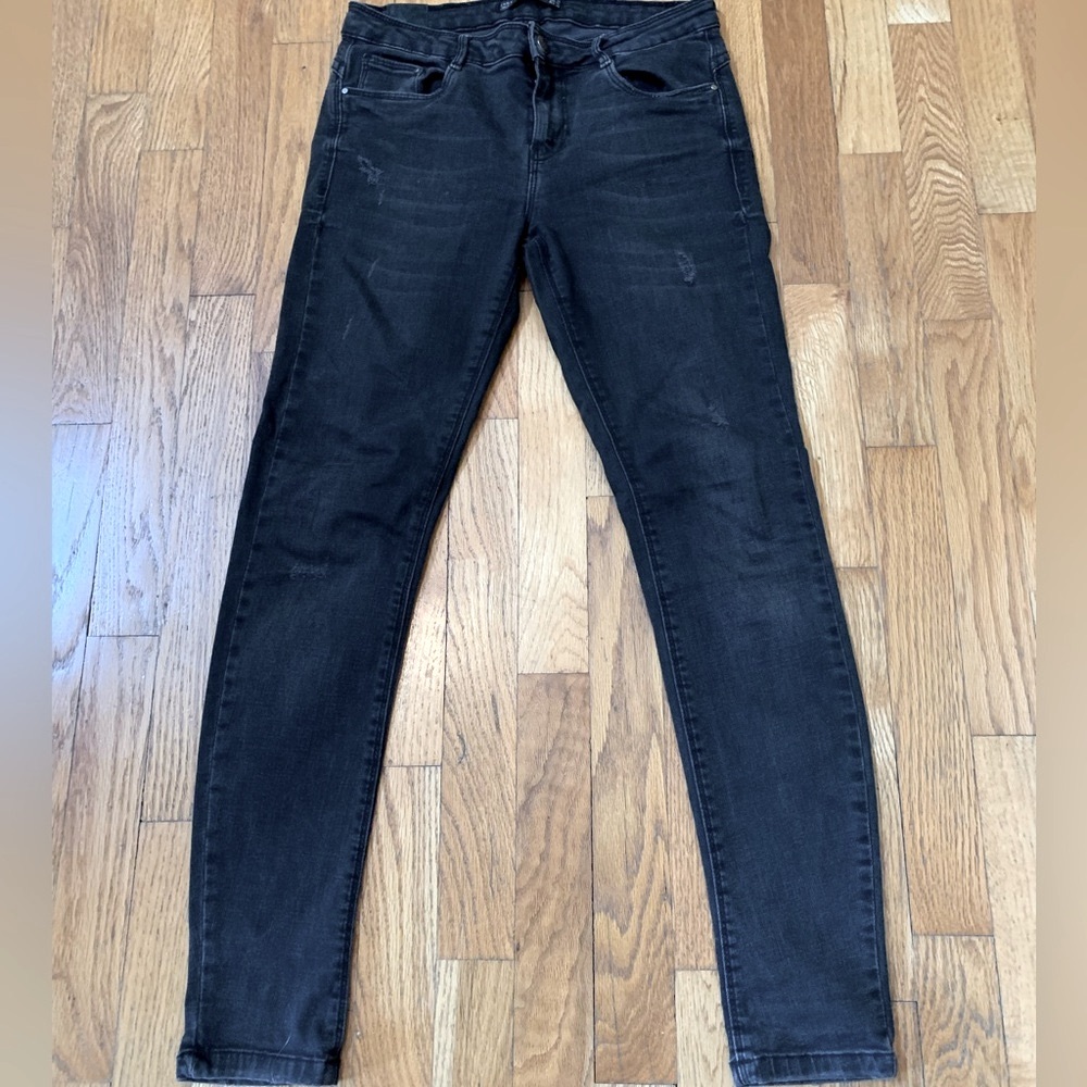 ZARA Trafaluc Denimwear Black Distressed Stretch Low Rise Skinny Jeans Size 6